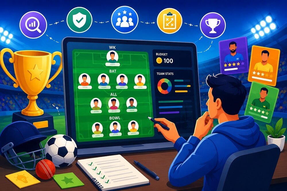 Fantasy sports team builder showing player selection, captain choice, budget management, and performance analytics on a modern digital dashboard.