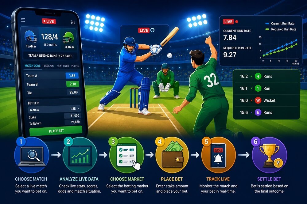 Live cricket betting dashboard displaying live score, changing odds, player statistics, pitch report, weather analysis, and in-play match insights.